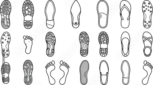 Shoe Sole Print and Footprint Icon Set Featuring Sneaker Boots Sandals Barefoot and High Heels Line Art Imprints for Forensic Evidence Tracking and Logos
