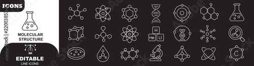 Chemistry, Molecular Structure line icon set. Molecule, DNA, atom, chromosome, niacinamide, collagen, acid linear minimal vector illustration. Simple outline sign. 48x48 Pixel Perfect. Editable Stroke