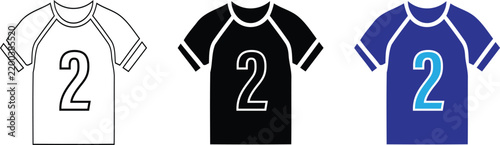 A set of three stylized sports jersey icons featuring the number two in different design variations including outline, solid black, and blue graphic styles., isolated on a Transparent background