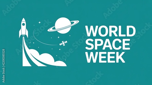 World space week illustration with rocket and planet