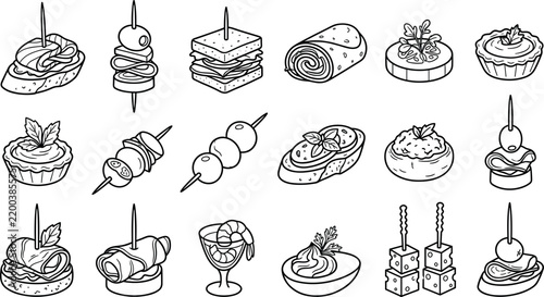 Catering appetizers line art icons vector set with canapes bruschetta tapas snacks wraps skewers for restaurant menu design and buffet catering