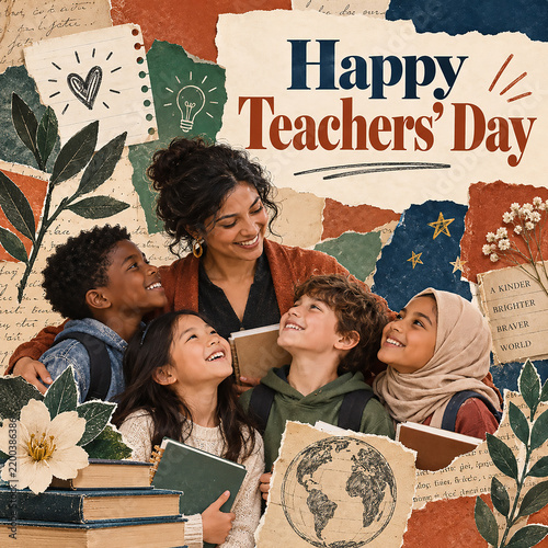 Happy Teachers Day Greeting Card Banner with Education and School Theme