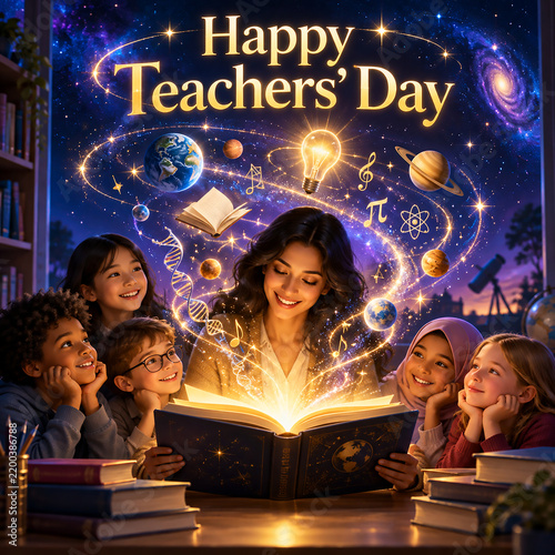 Happy Teachers Day Greeting Card Banner with Education and School Theme