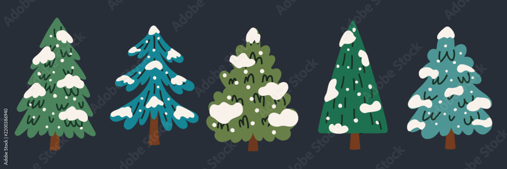 Obraz premium Hand drawn snowy Christmas trees in various green and blue shades on a dark background. Cute winter forest illustrations with snow-covered branches for festive seasonal designs.