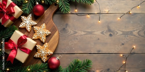 Festive Holiday Season Background Featuring Gifts, Decorated Cookies, and Twinkling Lights on Wooden Surface