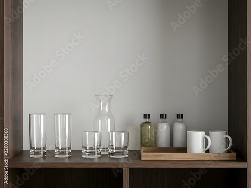 Hotel amenity shelf with glasses bottles and mugs
