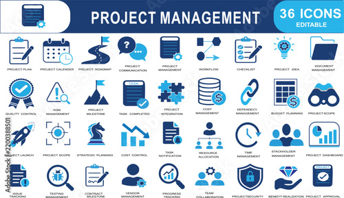 Project management icon set, 36 editable business planning and workflow vector icons, professional blue corporate strategy and task management symbols on transparent background