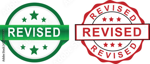 Revised rubber stamp icons, green and red circular revised seal set with stars, professional document verification labels for business editing on transparent background