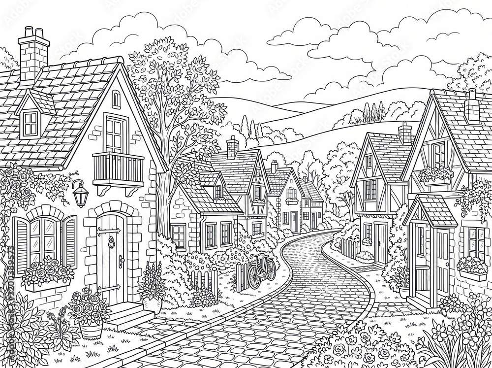 Obraz premium Coloring page village street, vector illustration of a charming cobblestone lane with Tudor houses and old tree