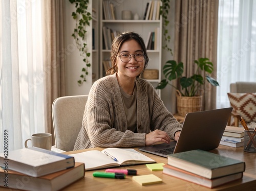 Portrait of happy young woman or student wearing glasses sitting at desk at home office with laptop computer looking at camera advertising online learning, remote work, business webinars