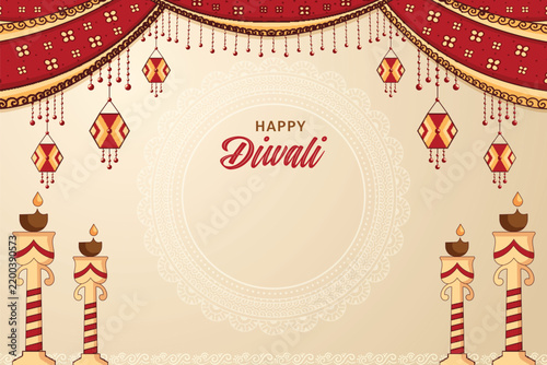 Traditional Happy Diwali greeting vector illustration with decorative mandala frame, hanging paper lanterns, oil diya stand lamps, and copy space. Perfect for Indian festival design.