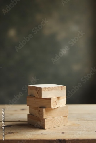Unprocessed, square wooden blocks stacked on rustic wood surface against blurred background