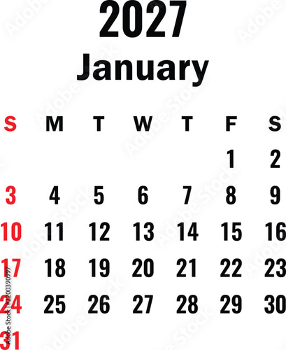 January 2027 Calendar Template with Sunday Start and Minimal Black Red Date Design