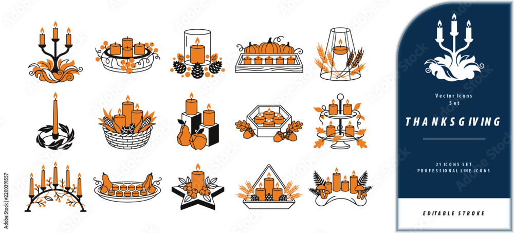 Fototapeta premium Festive thanksgiving candle centerpiece icon sheet featuring seasonal autumn decorations and holiday elements for creative graphic design project layouts