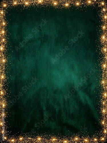Luxury Emerald Green Christmas Background with Golden Glitter and Warm Holiday Lights