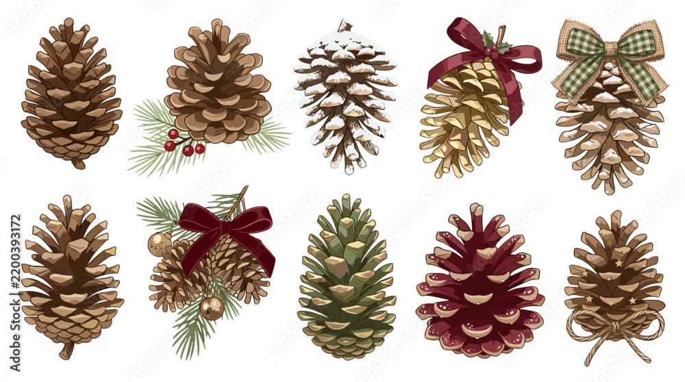 Fototapeta premium Collection of pinecones decorated with ribbons and bows for holiday or winter decor