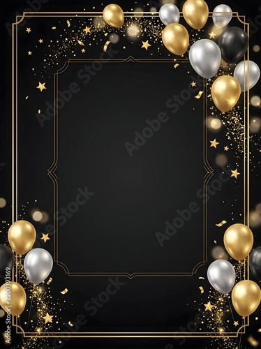 Elegant Gold and Silver Balloon Birthday Celebration Template on Black Background