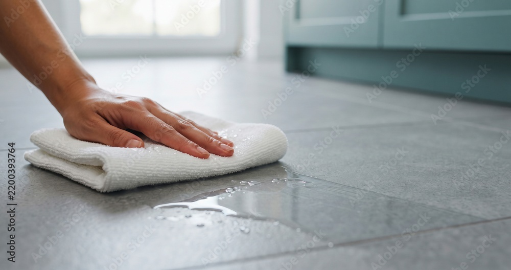 Fototapeta premium Person's hand wiping spilled water with white cloth on modern gray tile floor, domestic cleaning service concept.