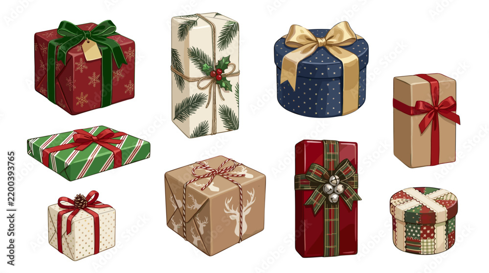 Obraz premium Collection of festive gift boxes with ribbons and bows for holiday celebration