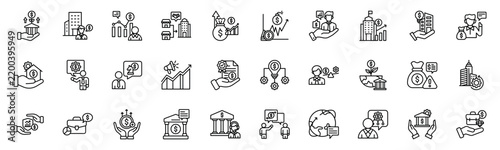 Investment Banking Strategy Icon Collection. Financial Deal Structuring, Capital Allocation, Corporate Transactions, Securities Financing and Market Advisory Symbols