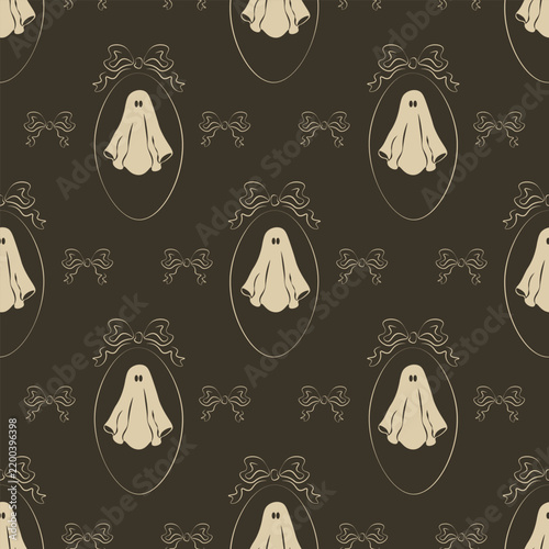 Seamless dark academia pattern of sheet ghosts in oval cameo frames topped with ribbons, surrounded by bow motifs on dark brown. Ideal for coquette Halloween textiles and gothic digital paper.