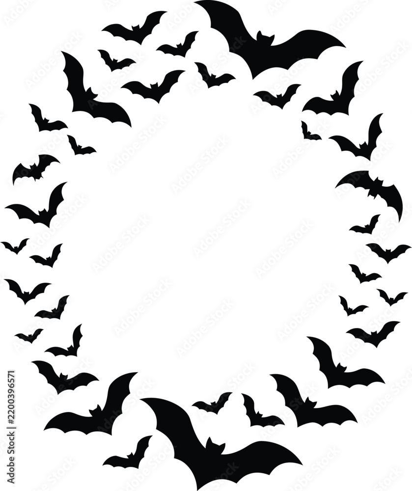 Fototapeta premium Black bat silhouettes arranged in a circular wreath on a white background