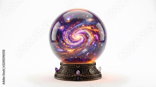 Galaxy egg 3D illustration with cosmic nebula and star field inside crystal sphere on ornate stand