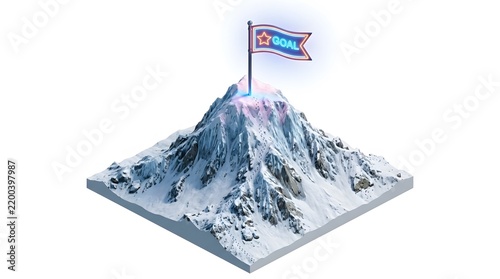 Mountain peak goal flag 3D illustration success achievement concept summit