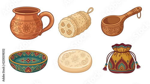 Traditional indian bathing and diwali ritual items vector set