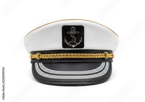 Navy captain black hat with rope and anchor emblem isolated on white background