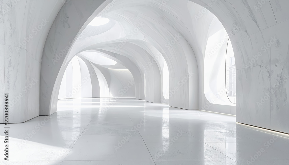 Fototapeta premium Abstract white architectural interior with curved walls and natural light