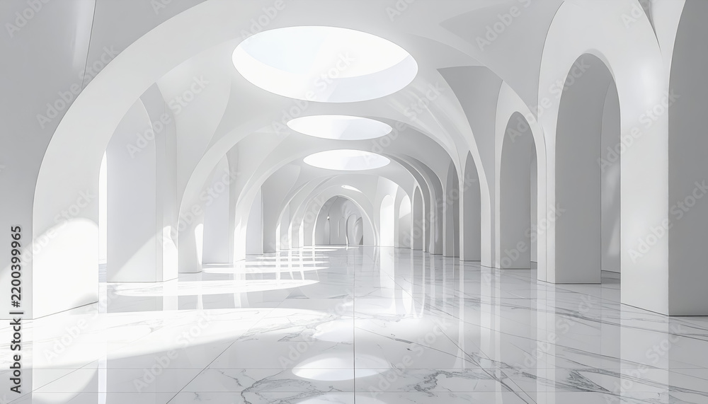 Fototapeta premium Grand white hall with arched colonnade and skylights