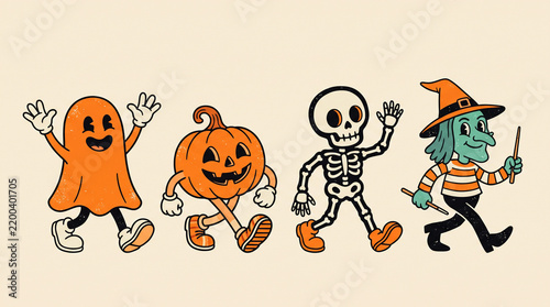 Retro Halloween parade with cute ghost, pumpkin-headed child, skeleton and witch marching together across a pale beige background, Halloween characters, vintage cartoon, spooky season