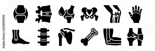 Silhouette icons of human bones joints and skeletal structures including knee joint, spine vertebrae, pelvic bones, hand with joints, foot bones, shoulder joint on transparent background