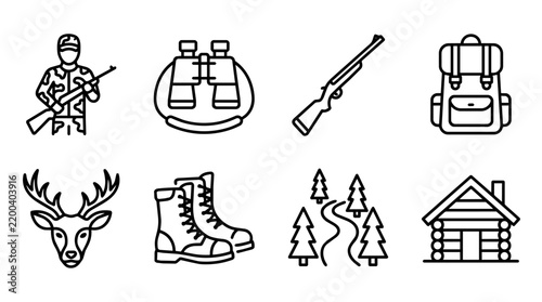 Hunting and outdoor adventure line icons featuring hunter, rifle, binoculars, backpack, deer, hiking boots, forest trail and log cabin