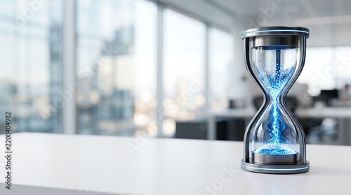 Futuristic digital hourglass with glowing blue particles on a desk with blurred office and left copy space