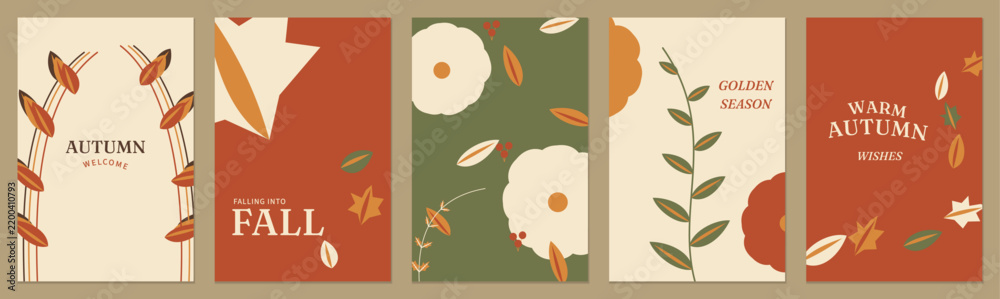 Obraz premium Autumn botanical poster and cover templates with layered foliage, drifting leaves and retro floral forms in burnt orange, cream and olive for cards, banners and fall decoration.