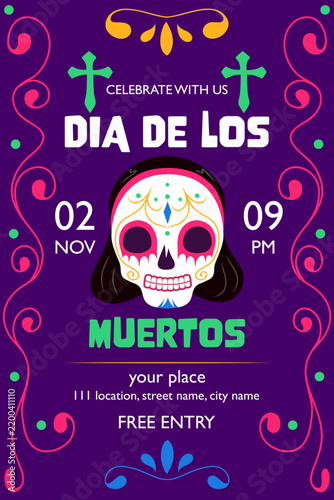Dia de Los Muertos party invitation with decorative calavera skull. Mexican Day of the Dead festive poster