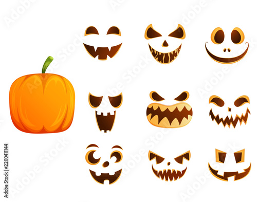 Halloween pumpkin constructor with expressive carved faces. Vector cartoon set for jack-o-lantern spooky designs