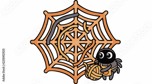 Cute Cartoon Spider Character Weaving Colorful Yarn on a Large Spiderweb Loom, Creative Insect Artisan Crafting Handmade Textile Art with Wool and Thread, Whimsical Vector Illustration on White