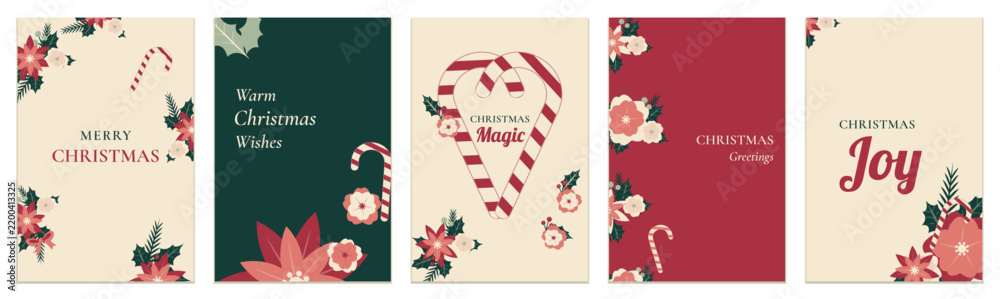 Obraz premium Modern festive floral Christmas invitation and card templates with poinsettia, hellebore, holly foliage, berries and candy cane accents, hand drawn flat vector holiday designs