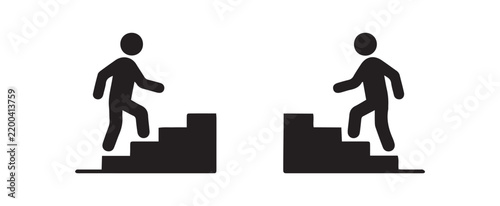 Stick Figure Person Walking Up and Down Stairs Vector Icon Set