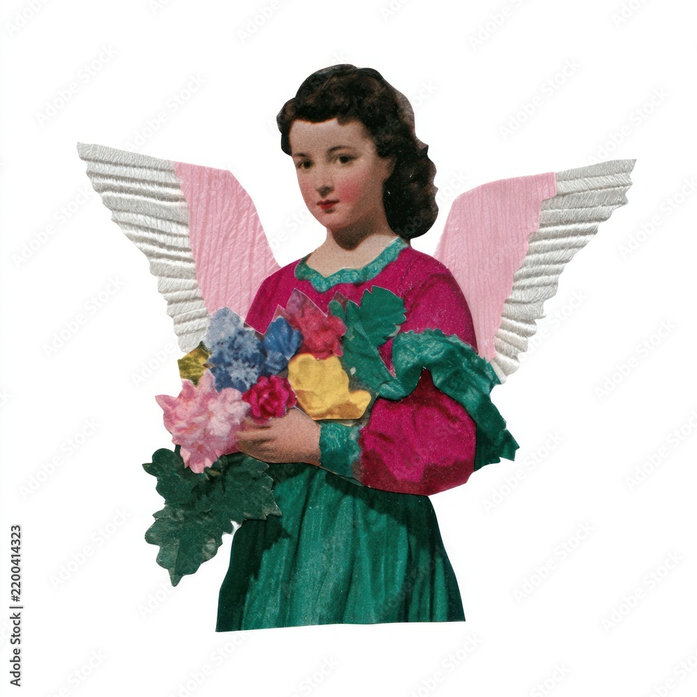 Fototapeta premium Vintage angel with flowers and colorful wings