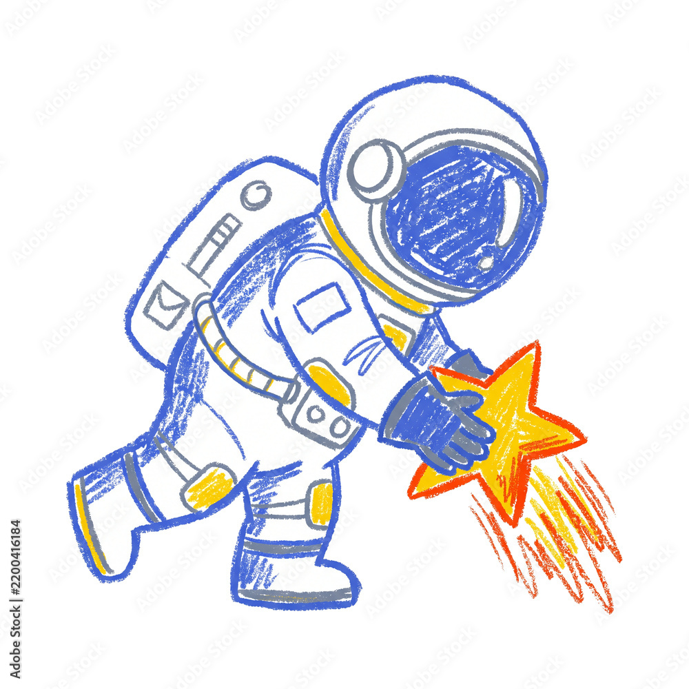 Obraz premium Hand Drawn Sketch of a Cute Astronaut Holding a Glowing Star in Outer Space Illustration