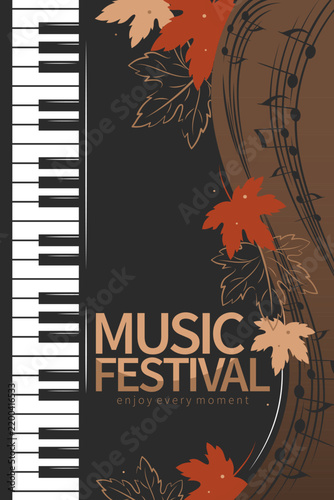 Music Autumn festival. Grand piano, keys, notes and autumn leaves. Vector banner, poster for music events, concerts. 