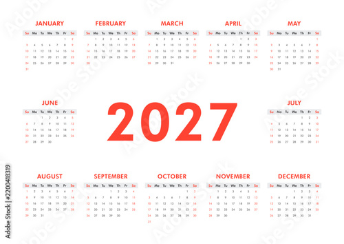 Vector modern classic horizontal calendar for 2027 year. Week starts on Sunday. Desk or wall calendar in minimalist style