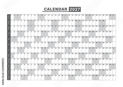 Horizontal black and white A4 modern classic calendar 2027. Calendar planner template. Desk or wall calendar in minimalist style