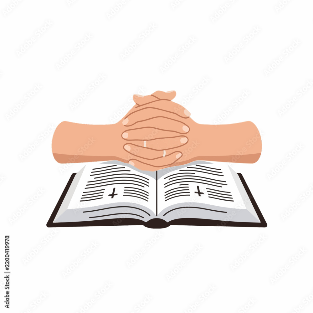 Fototapeta premium Christian Praying Hands Resting on Open Holy Bible Pages