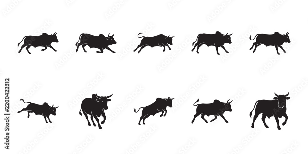 Obraz premium African boran cow vector. Isolated black silhouettes of boran cattle walking and standing for agriculture graphic projects.