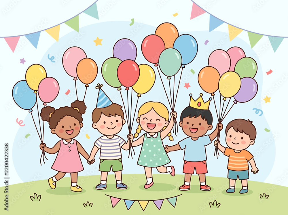 Fototapeta premium Diverse group of happy children holding colorful balloons at a festive birthday party celebration with bunting and confetti